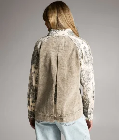 BKE Cheetah Print Denim Jacket Cream Olive Outlet