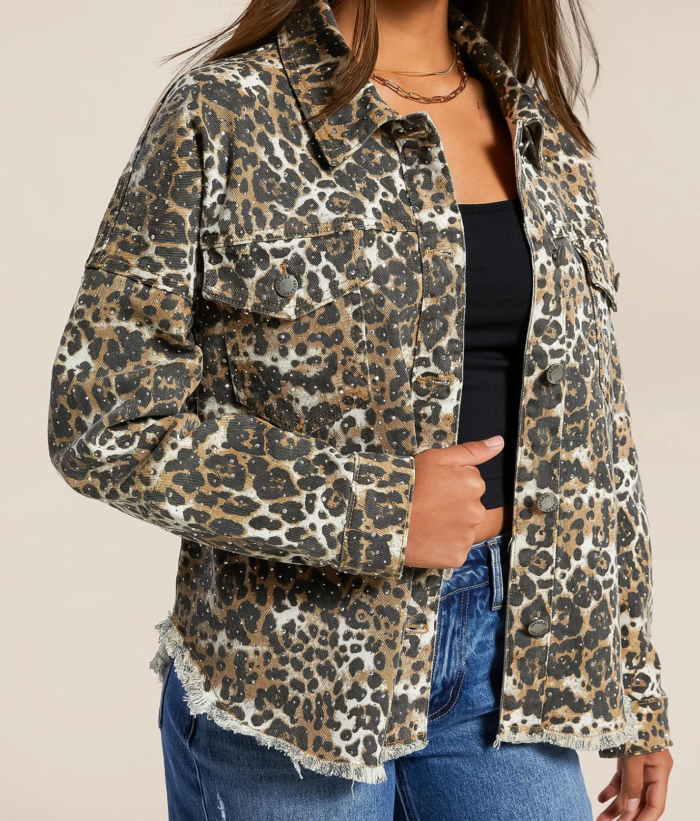 Veveret Print Denim Stretch Jacket Cheetah Hot