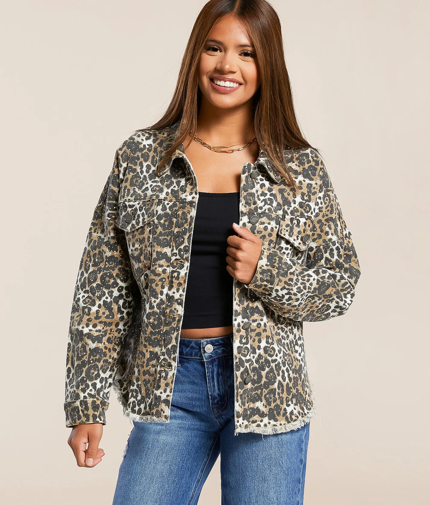 Veveret Print Denim Stretch Jacket Cheetah Hot
