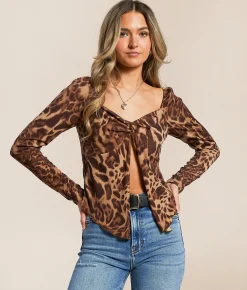 Tops | Willow & Root Cheetah Split Front Top Brown