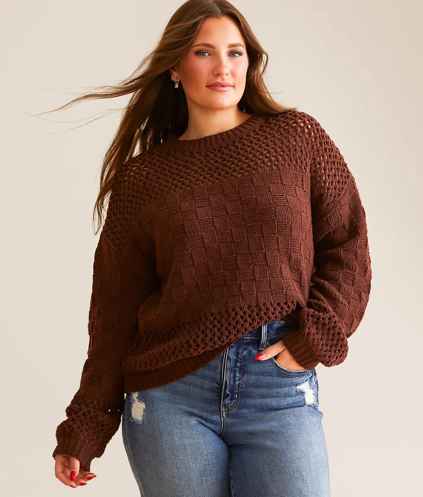 Tops | Daytrip Chenille Checkered Sweater Brown Stone