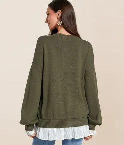 Miss Me Chiffon Trim Lace-Up Sweater Olive Green Sale