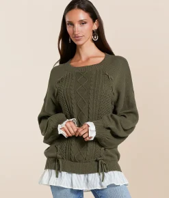 Miss Me Chiffon Trim Lace-Up Sweater Olive Green Sale