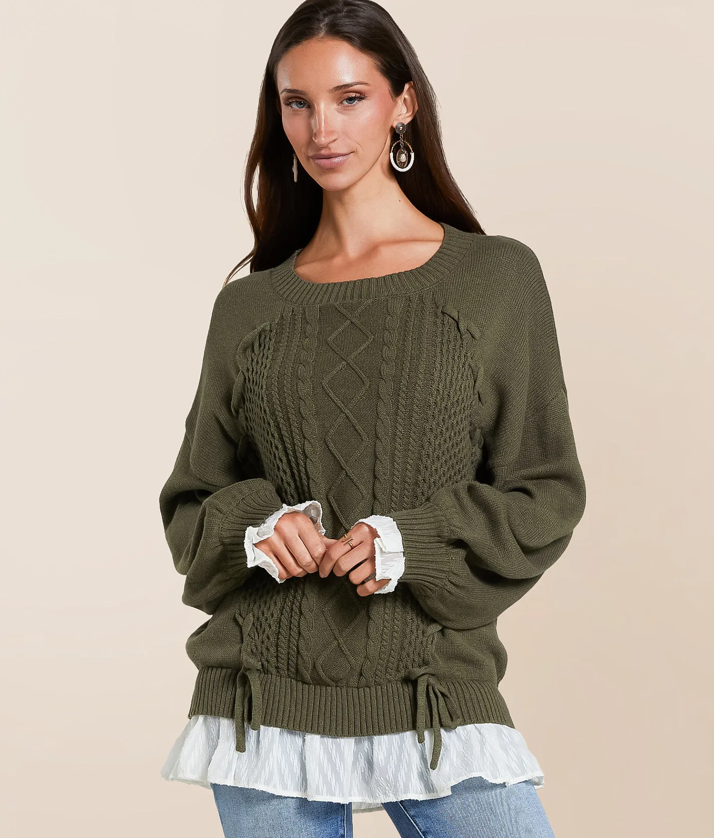 Miss Me Chiffon Trim Lace-Up Sweater Olive Green Sale