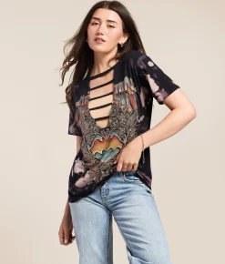Tops | Affliction Chromium Heart Dagger T-Shirt Black Bleach Wash