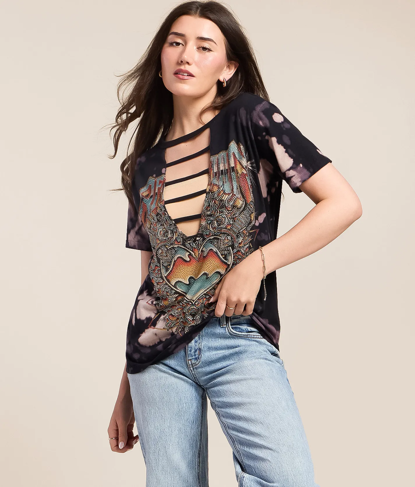 Tops | Affliction Chromium Heart Dagger T-Shirt Black Bleach Wash