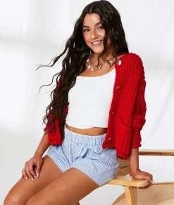 Tops | 33 Coastal Chunky Cropped Cardigan Sweater Chinese Red