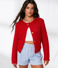 Tops | 33 Coastal Chunky Cropped Cardigan Sweater Chinese Red