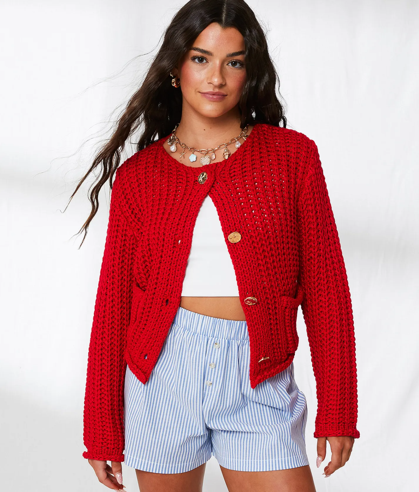 Tops | 33 Coastal Chunky Cropped Cardigan Sweater Chinese Red
