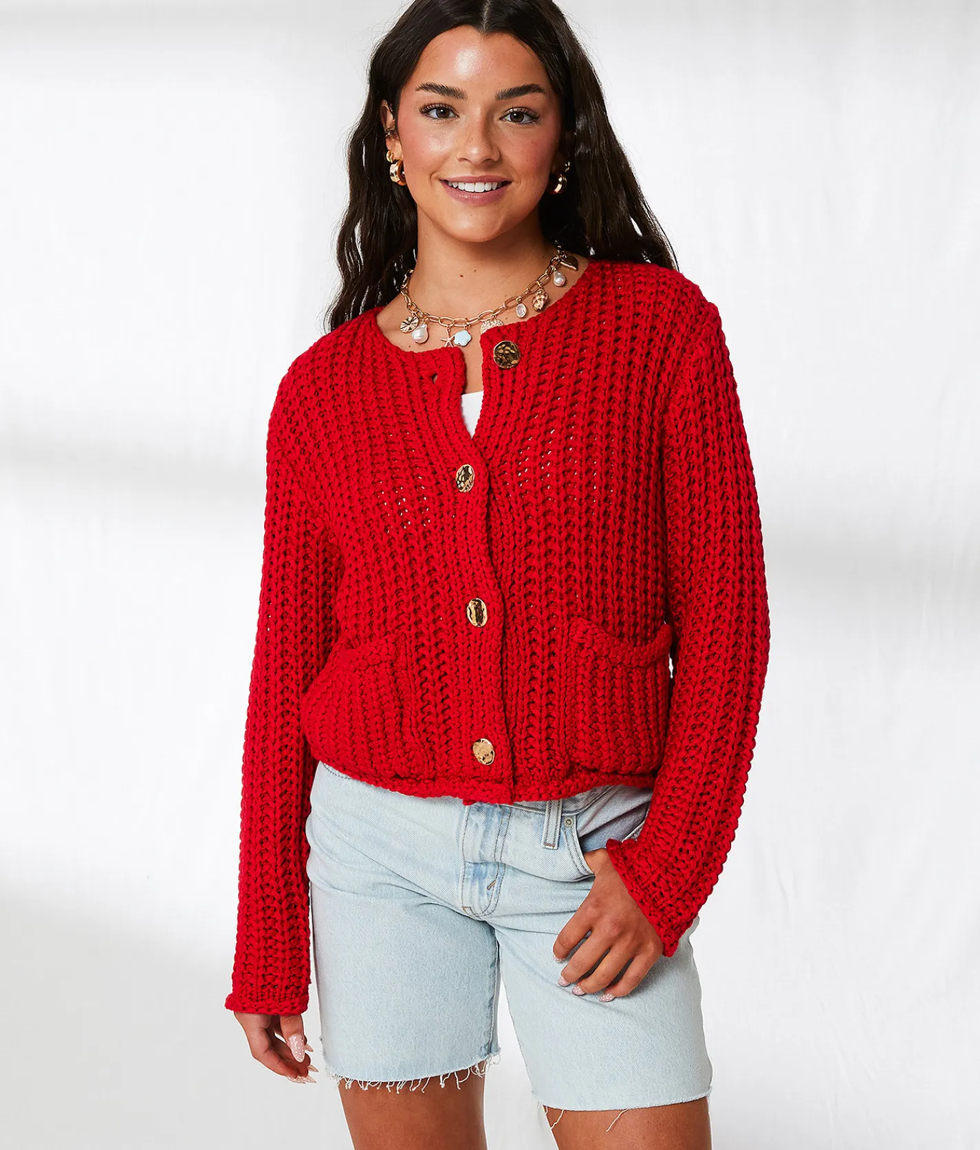 Tops | 33 Coastal Chunky Cropped Cardigan Sweater Chinese Red