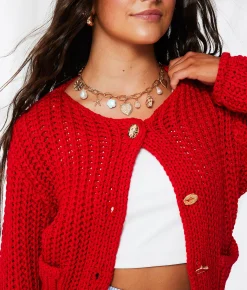 Tops | 33 Coastal Chunky Cropped Cardigan Sweater Chinese Red