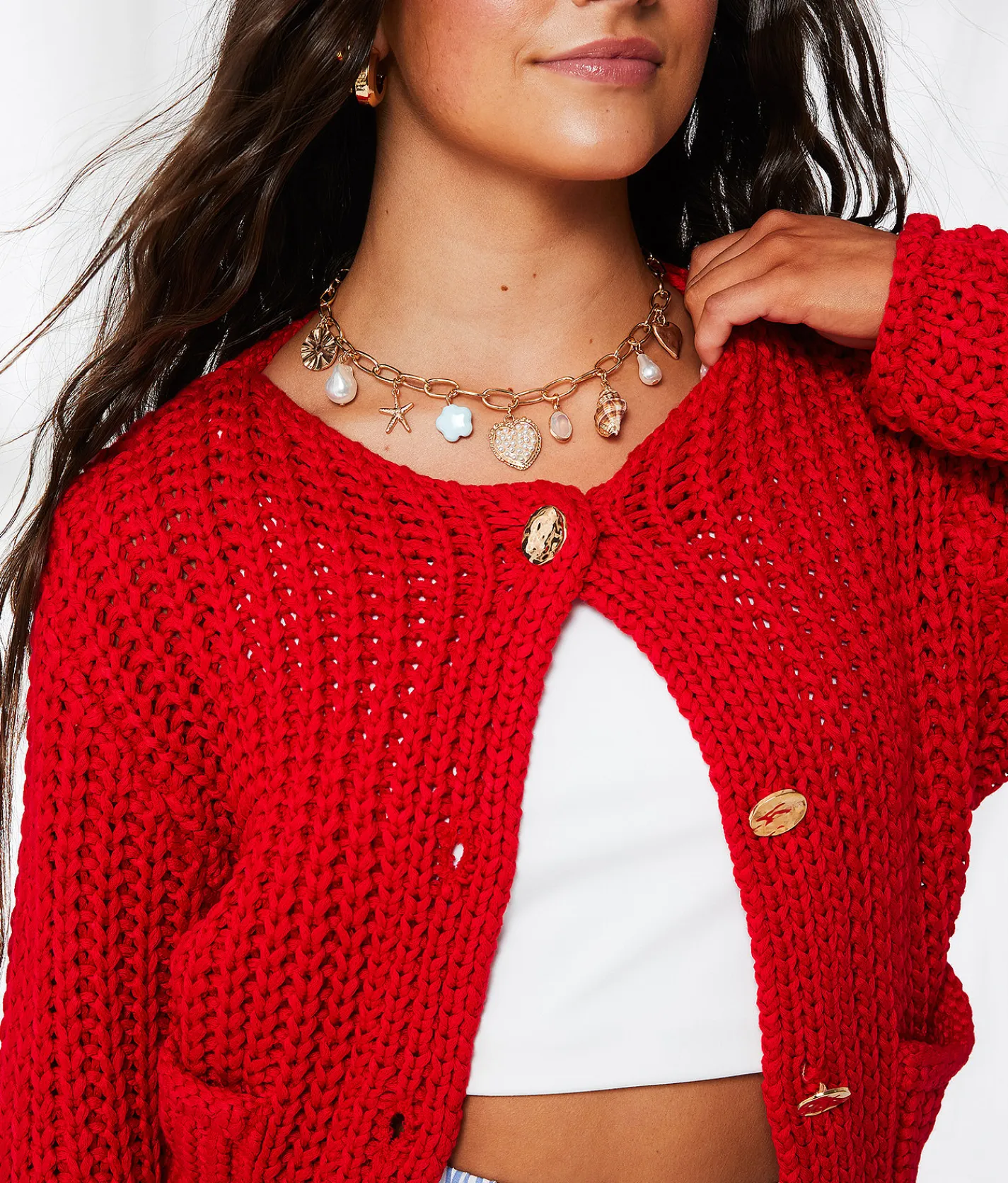 Tops | 33 Coastal Chunky Cropped Cardigan Sweater Chinese Red