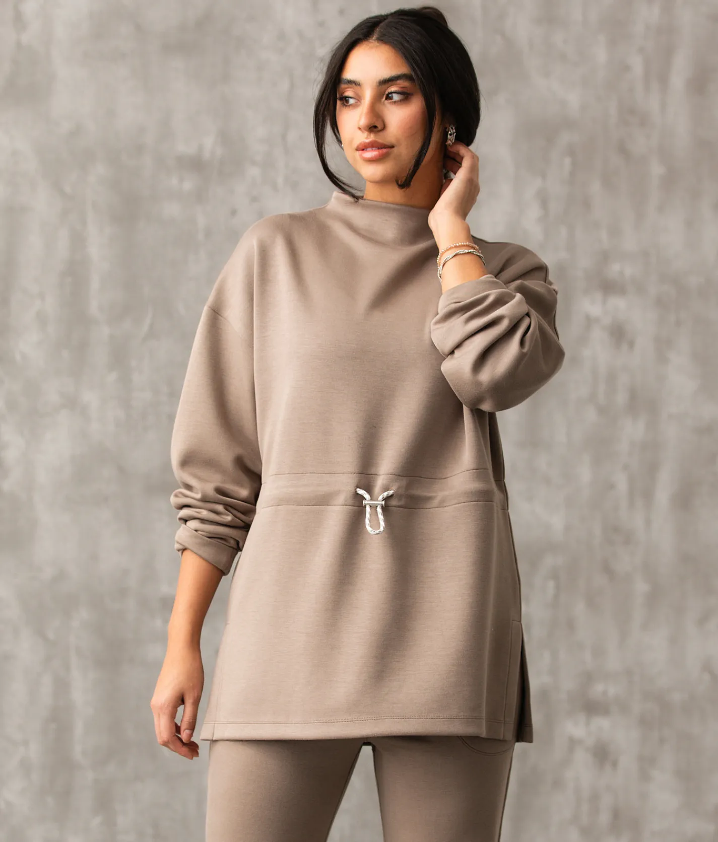 Buckle Black Cinched Waist Pullover Taupe Sale