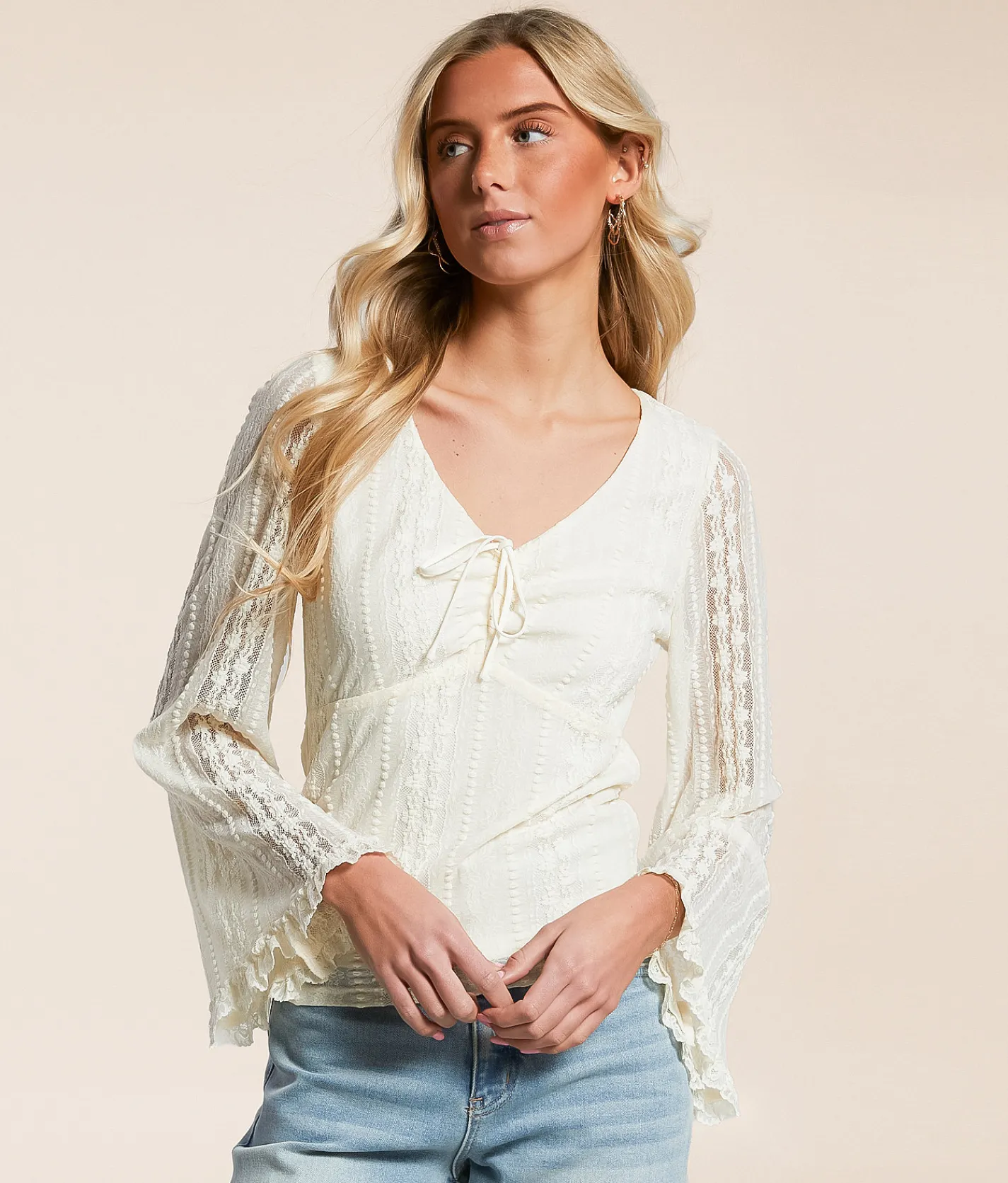 Tops | Willow & Root Cinch Tie Lace Top Cream