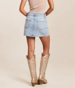 VERVET by Flying Monkey Claudia Mini Denim Stretch Skirt Shiny Snow Online