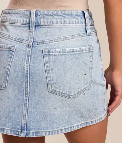 VERVET by Flying Monkey Claudia Mini Denim Stretch Skirt Shiny Snow Online