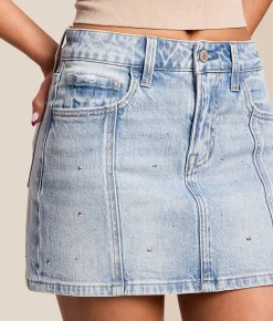 VERVET by Flying Monkey Claudia Mini Denim Stretch Skirt Shiny Snow Online