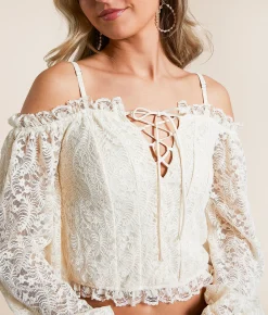Tops | Willow & Root Cold Shoulder Floral Lace Cropped Top Cream