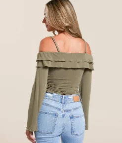 Tops | Willow & Root Cold Shoulder Ruffle Top Olive