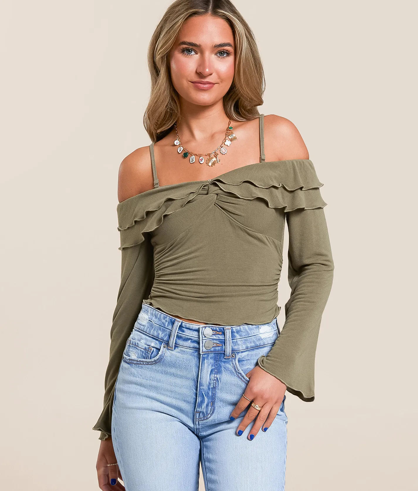 Tops | Willow & Root Cold Shoulder Ruffle Top Olive