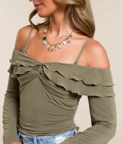 Tops | Willow & Root Cold Shoulder Ruffle Top Olive