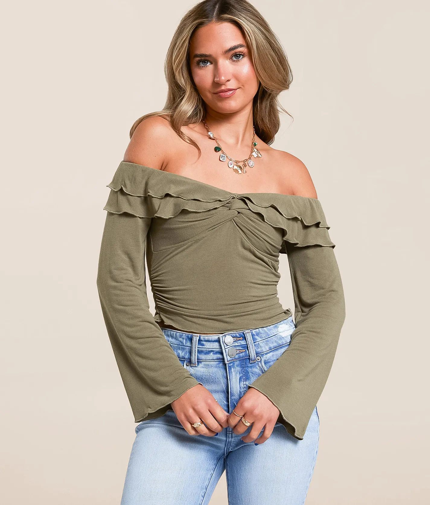 Tops | Willow & Root Cold Shoulder Ruffle Top Olive