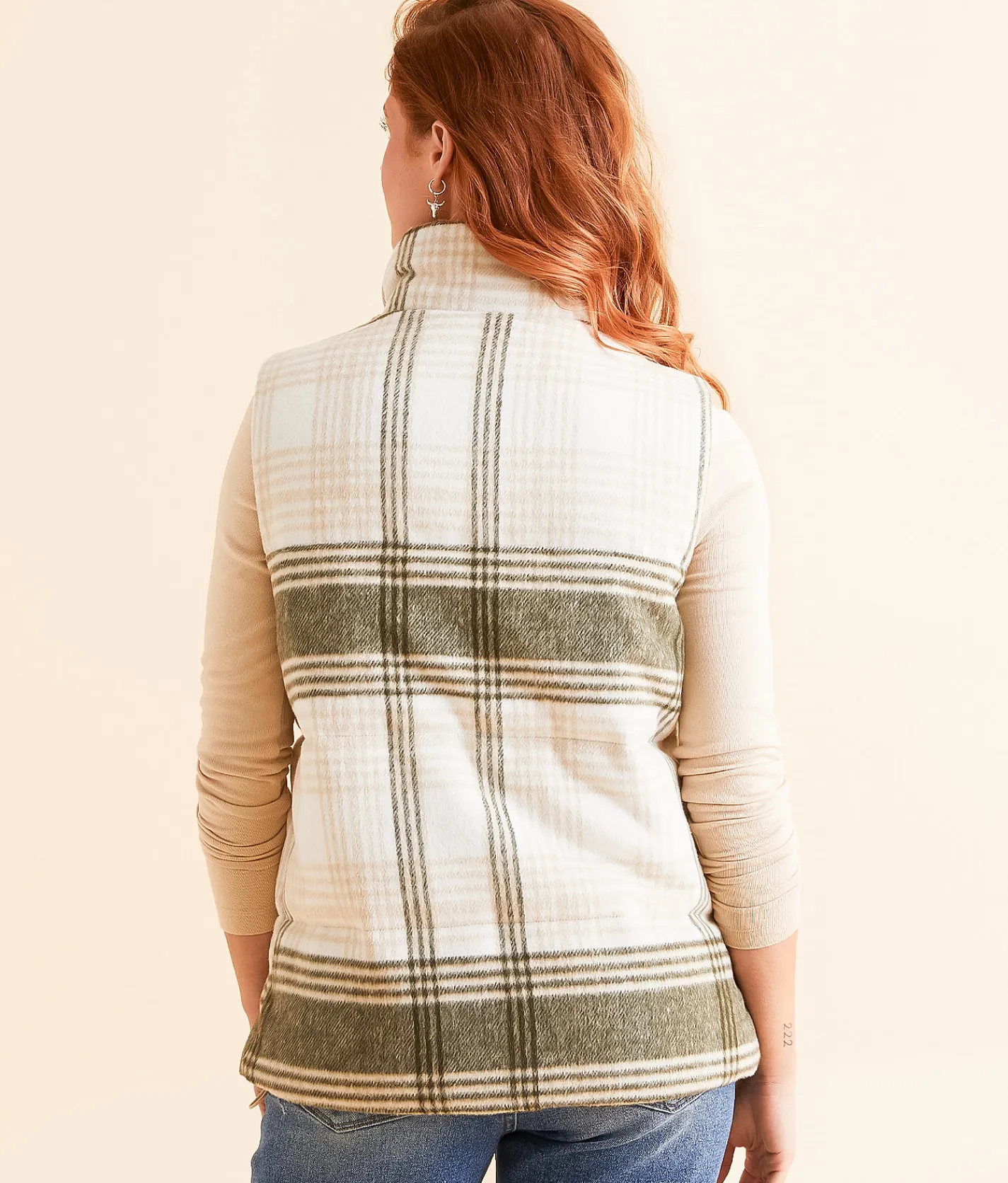 BKE Collared Plaid Vest Olive Cream New