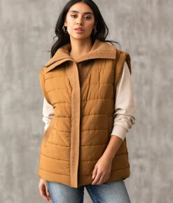 Buckle Black Collared Puffer Vest Camel Discount