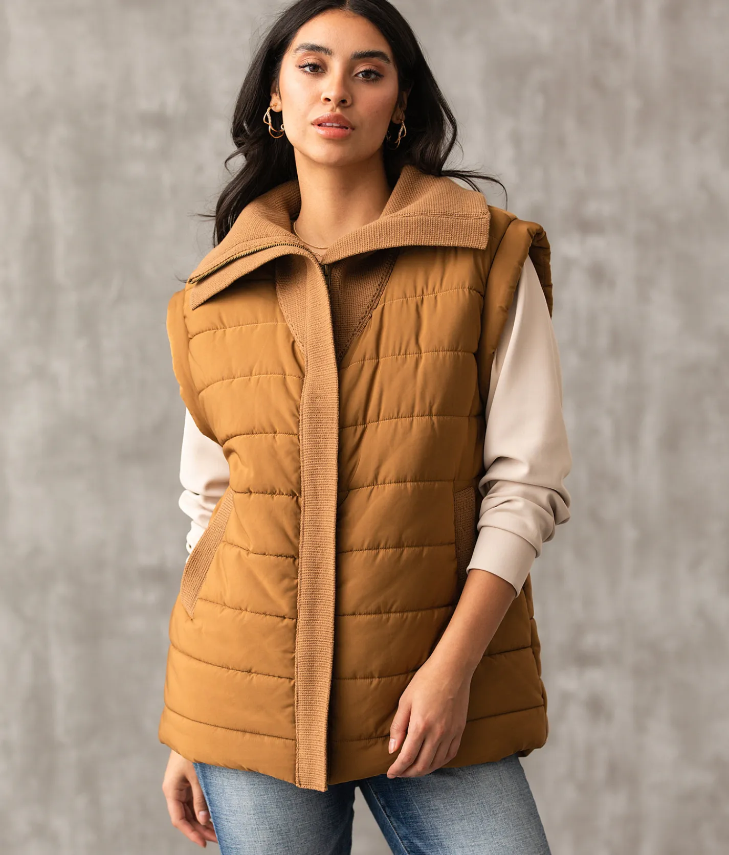 Buckle Black Collared Puffer Vest Camel Discount