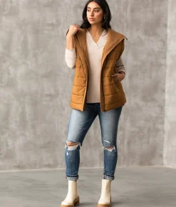 Buckle Black Collared Puffer Vest Camel Discount