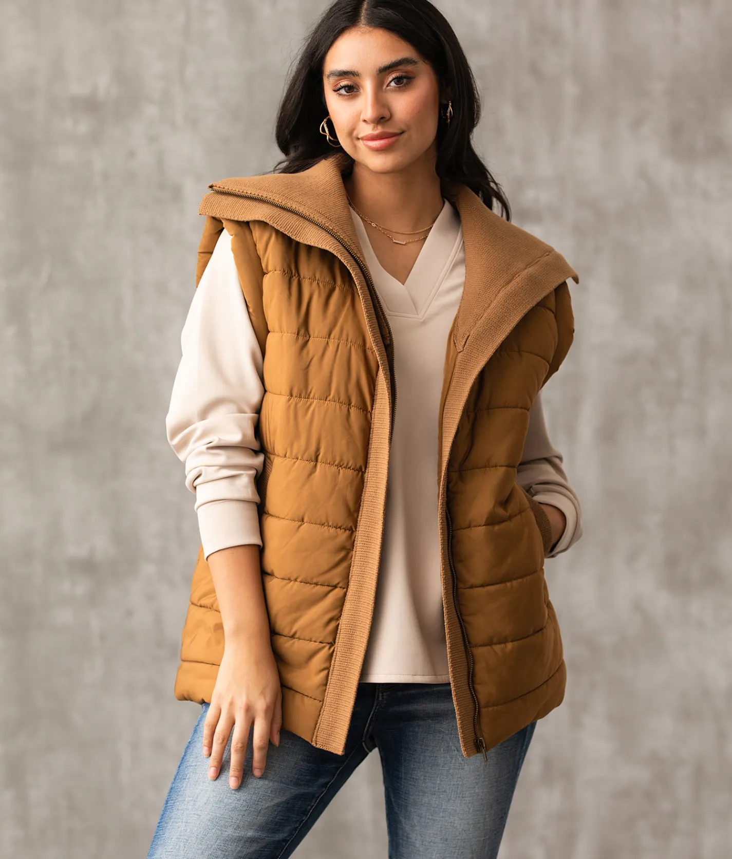 Buckle Black Collared Puffer Vest Camel Discount