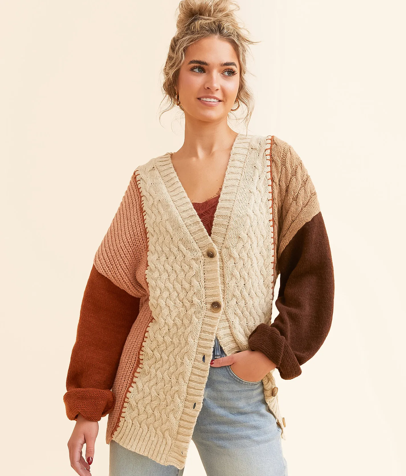 New In Color Block Cardigan Sweater Oatmeal Online