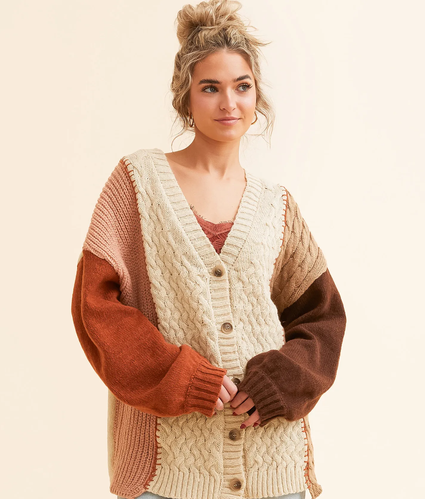 New In Color Block Cardigan Sweater Oatmeal Online
