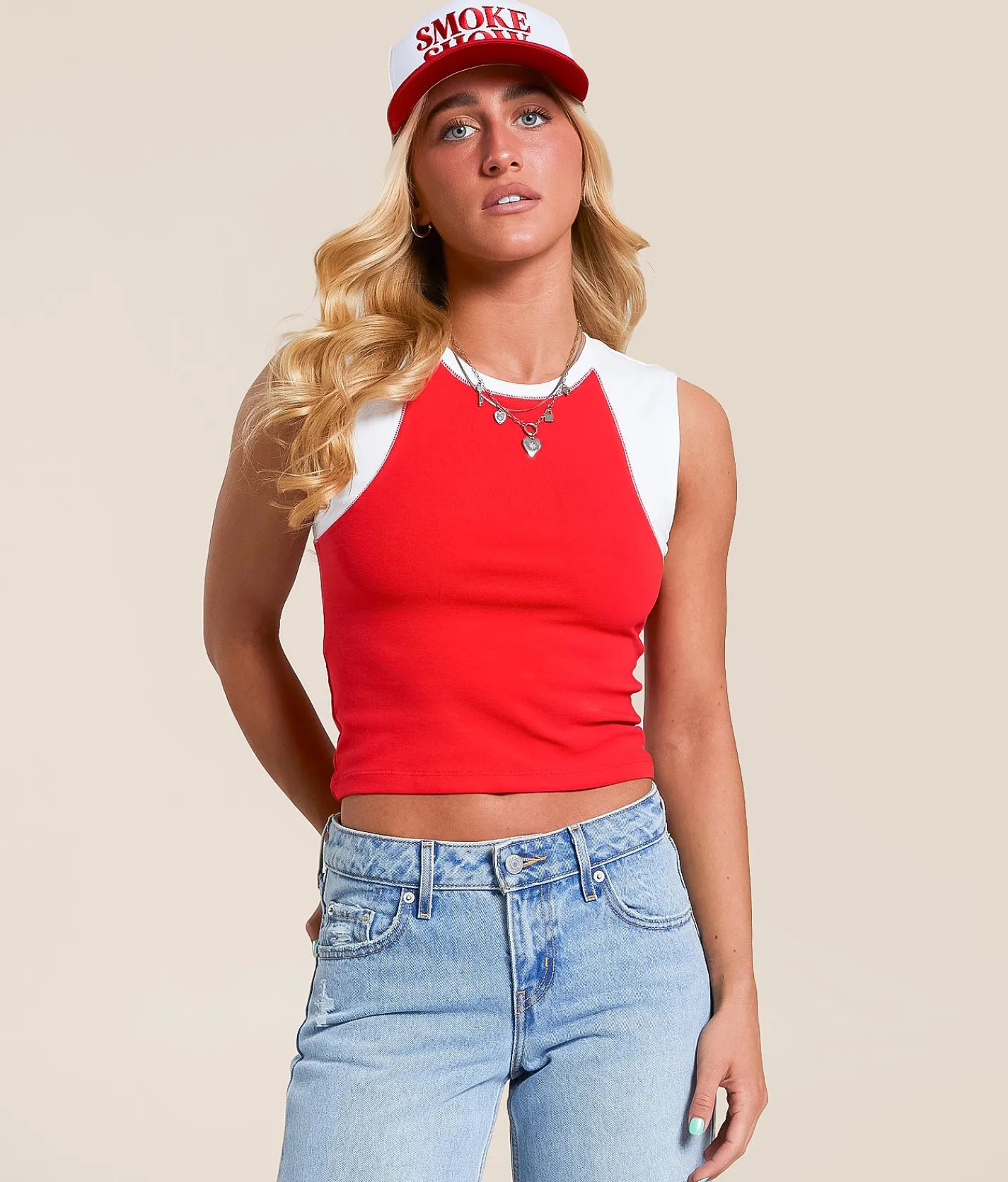Tops | FITZ + EDDI Color Block Cropped Tank Top High Risk Red