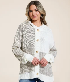 Tops | Blu Pepper Color Block Hooded Cardigan Sweater Tan White