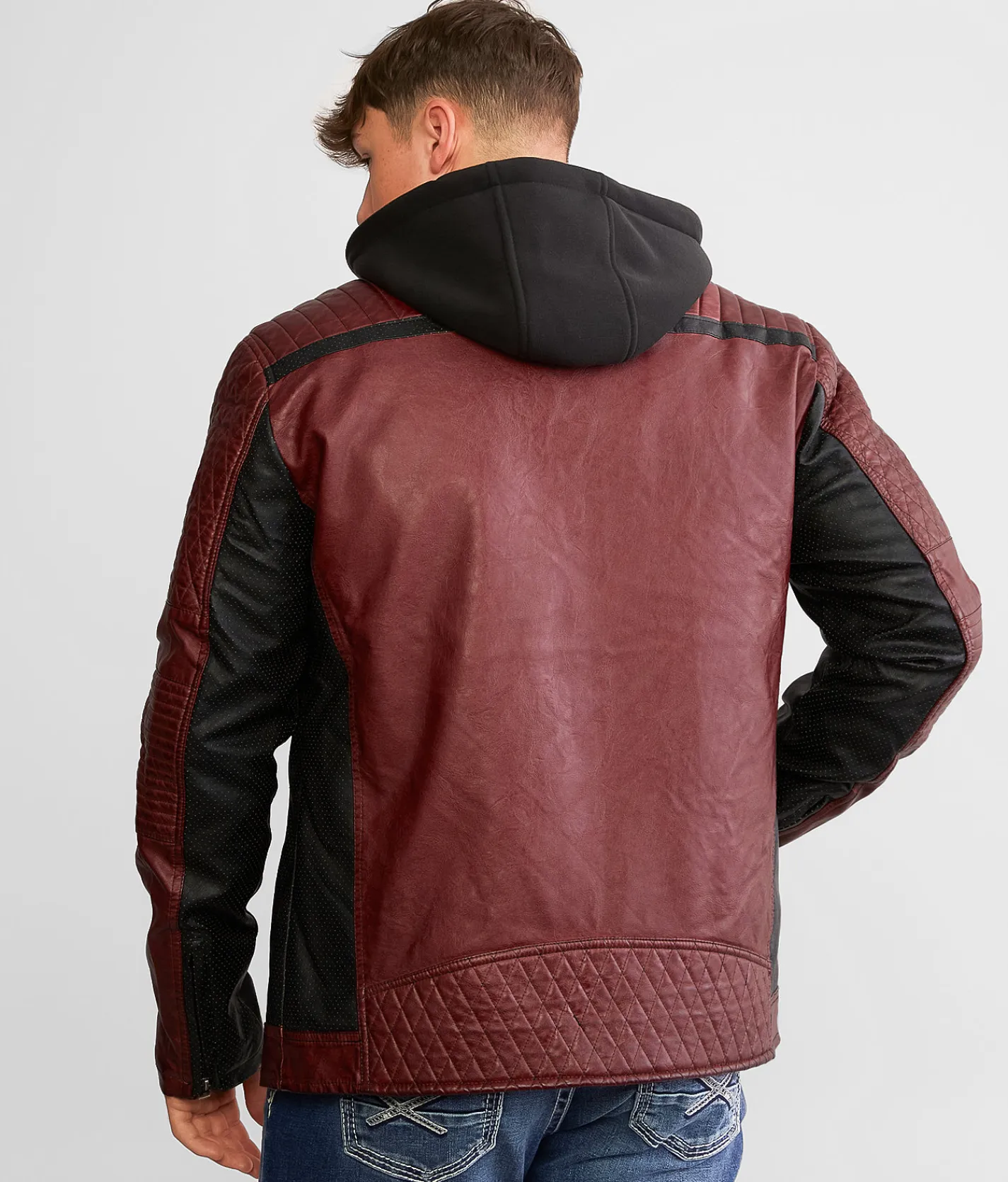 Buckle Black Color Block Moto Hooded Jacket Brown Black Discount