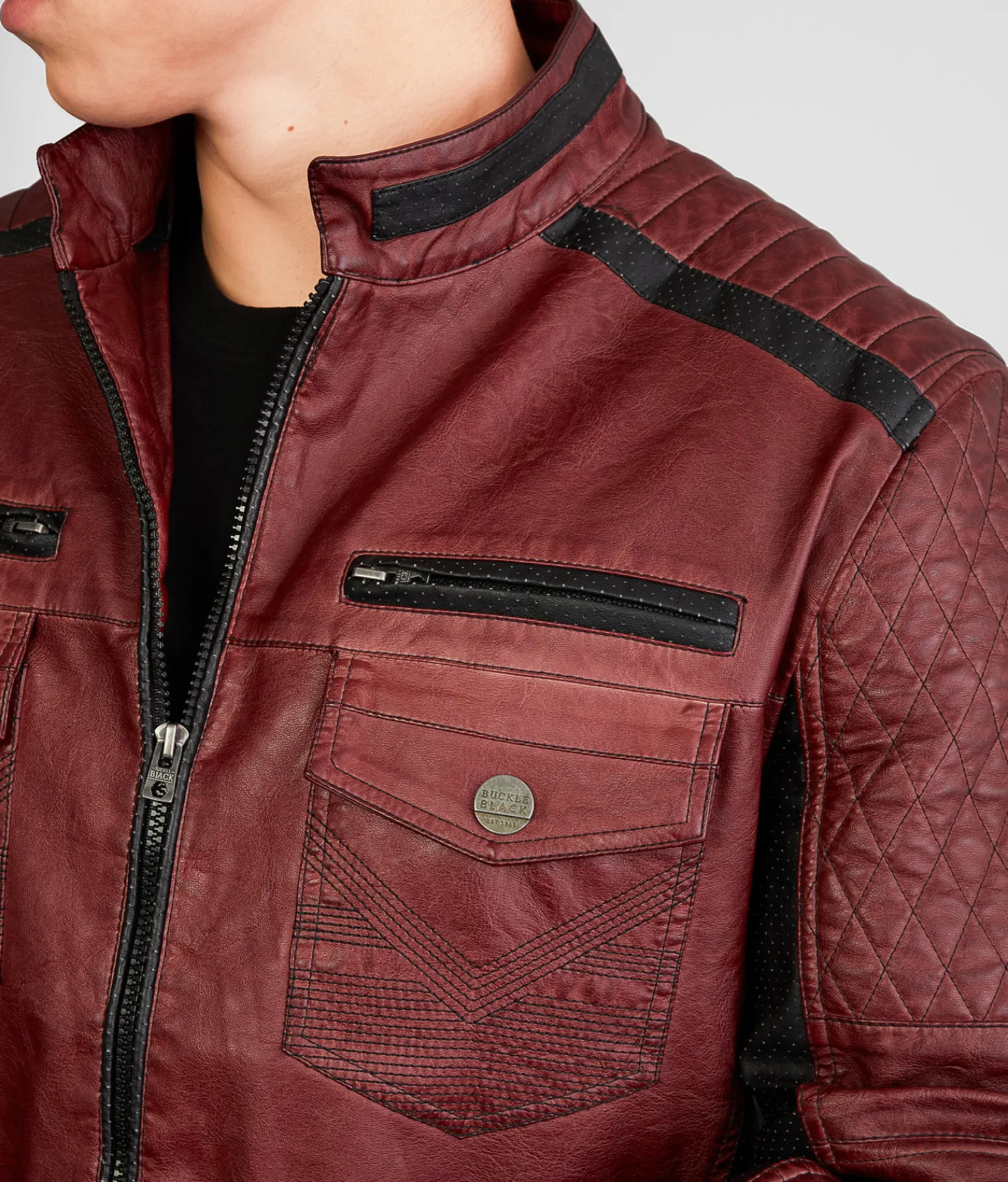 Buckle Black Color Block Moto Hooded Jacket Brown Black Discount