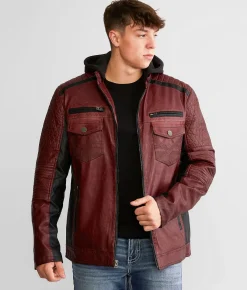 Buckle Black Color Block Moto Hooded Jacket Brown Black Discount