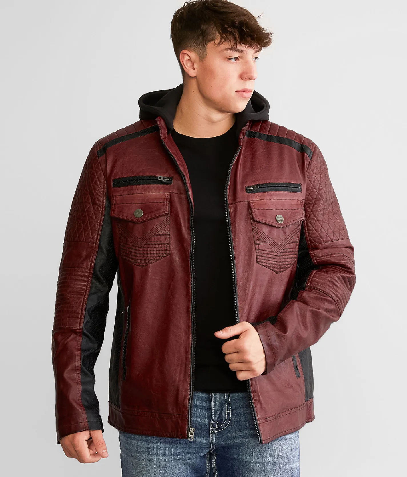 Buckle Black Color Block Moto Hooded Jacket Brown Black Discount