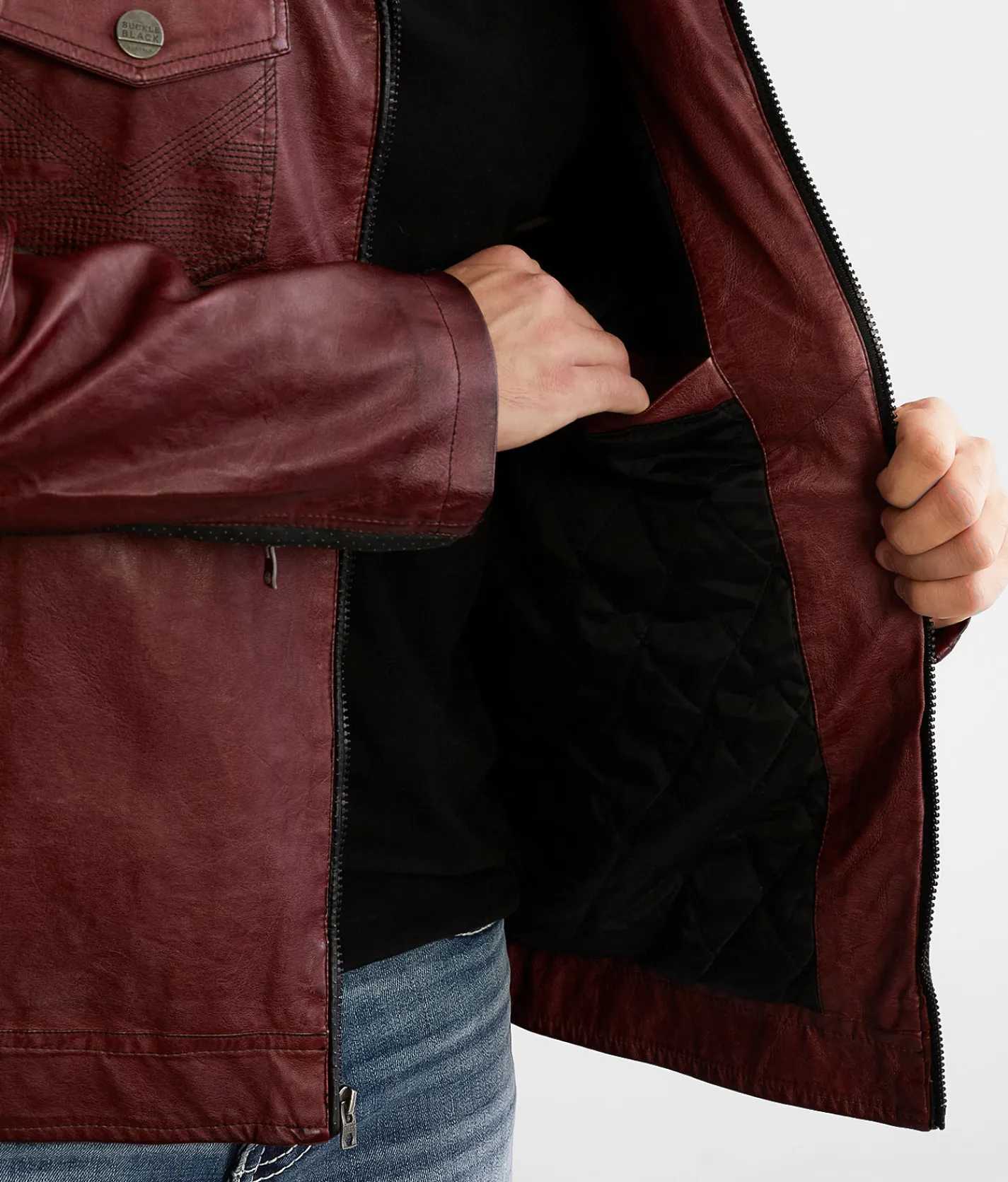 Buckle Black Color Block Moto Hooded Jacket Brown Black Discount