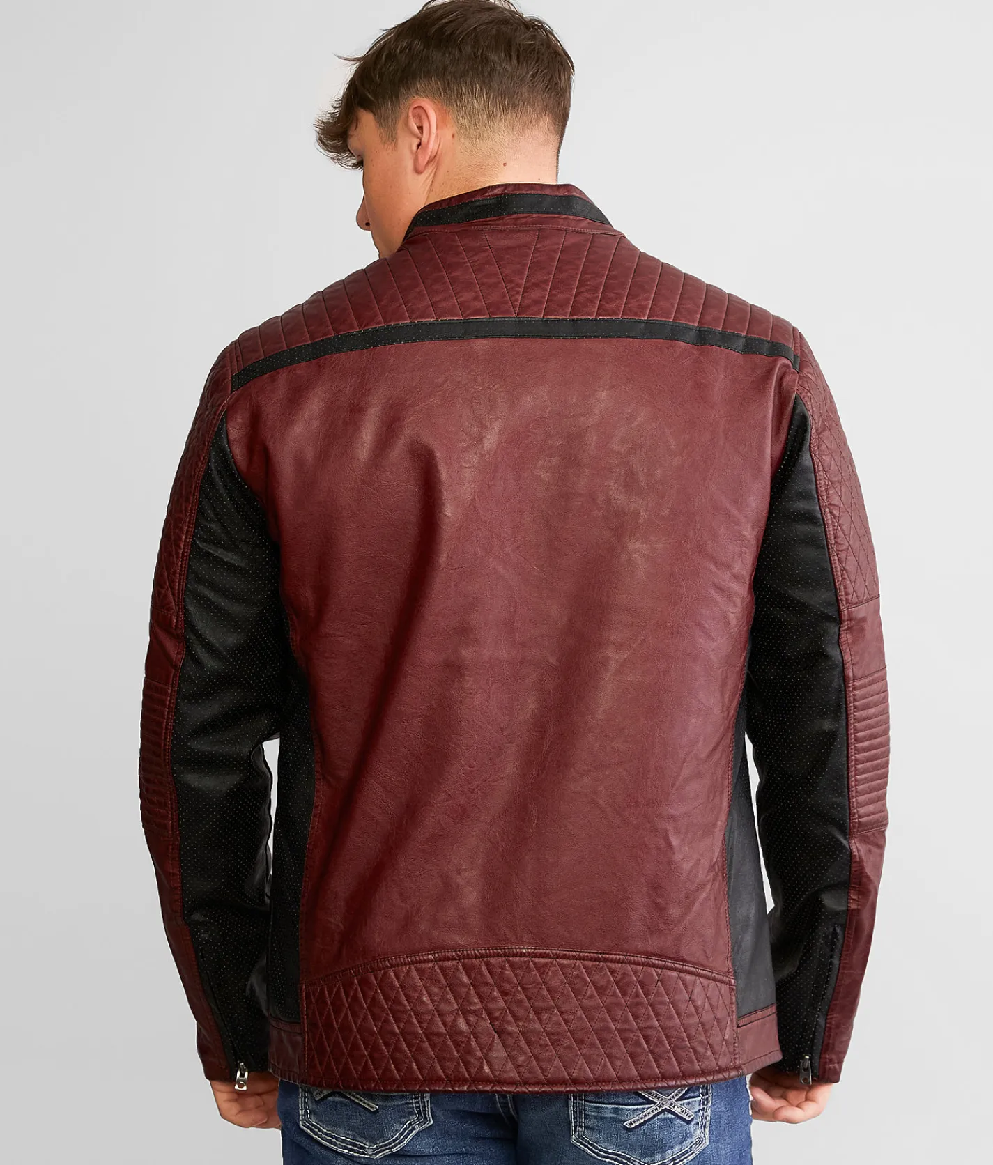 Buckle Black Color Block Moto Hooded Jacket Brown Black Discount