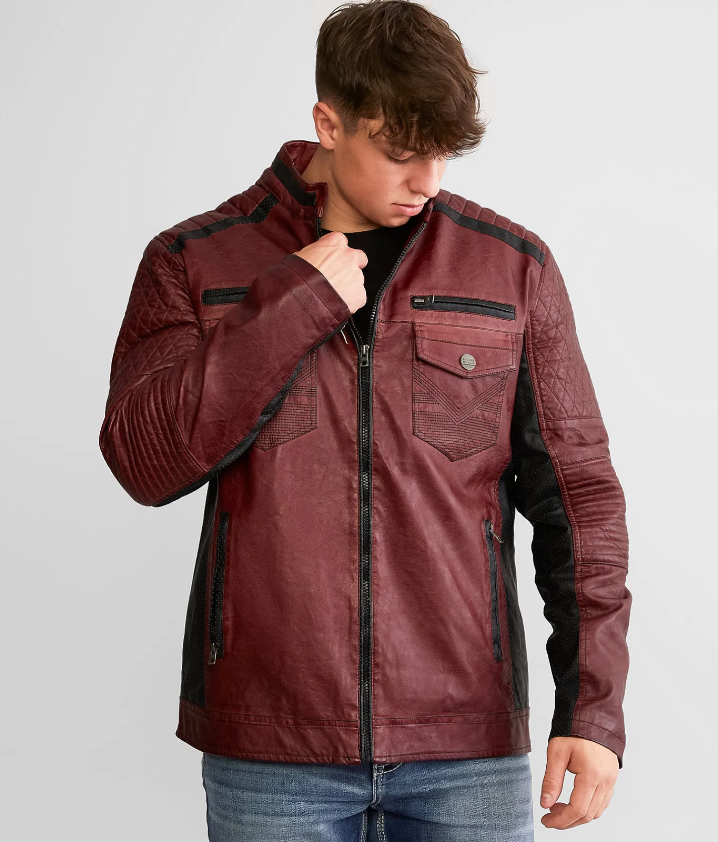 Buckle Black Color Block Moto Hooded Jacket Brown Black Discount