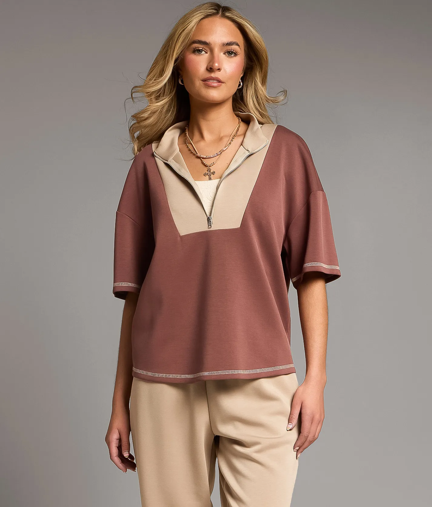 BKE Color Block Quarter Zip Pullover Marron Cobblestone Best
