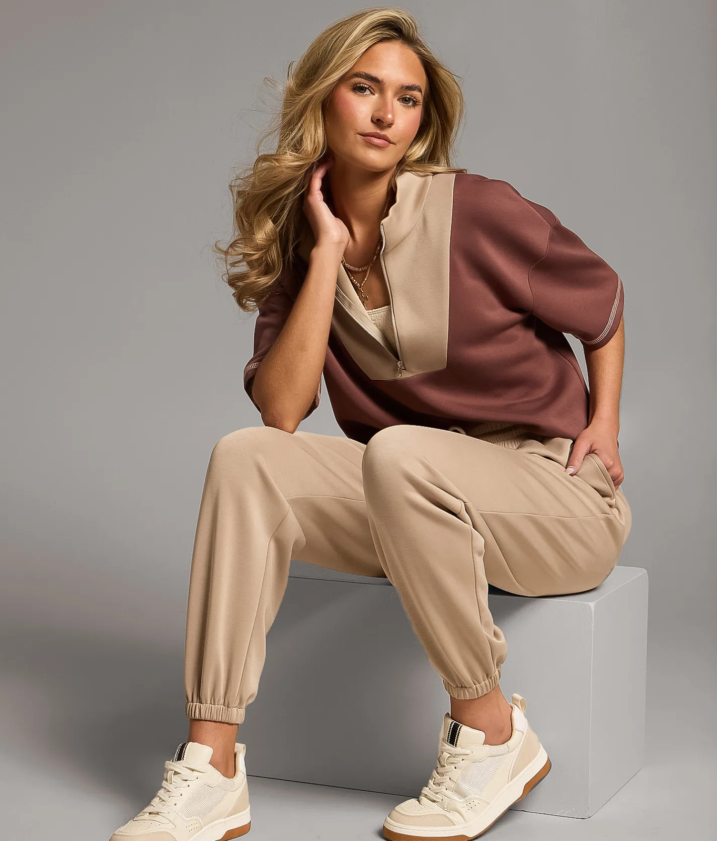 BKE Color Block Quarter Zip Pullover Marron Cobblestone Best