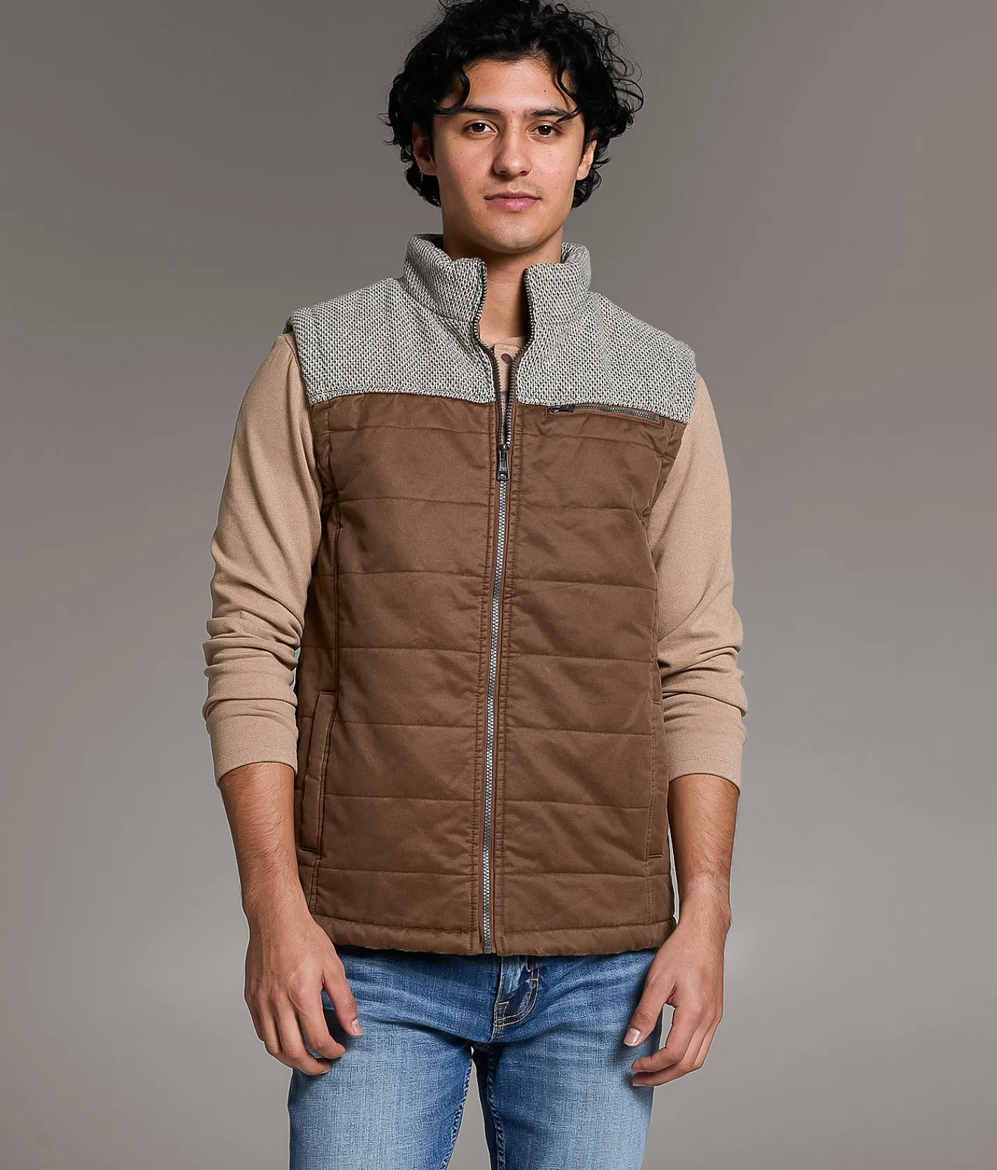 BKE Color Block Quilted Vest Brown Beige Hot