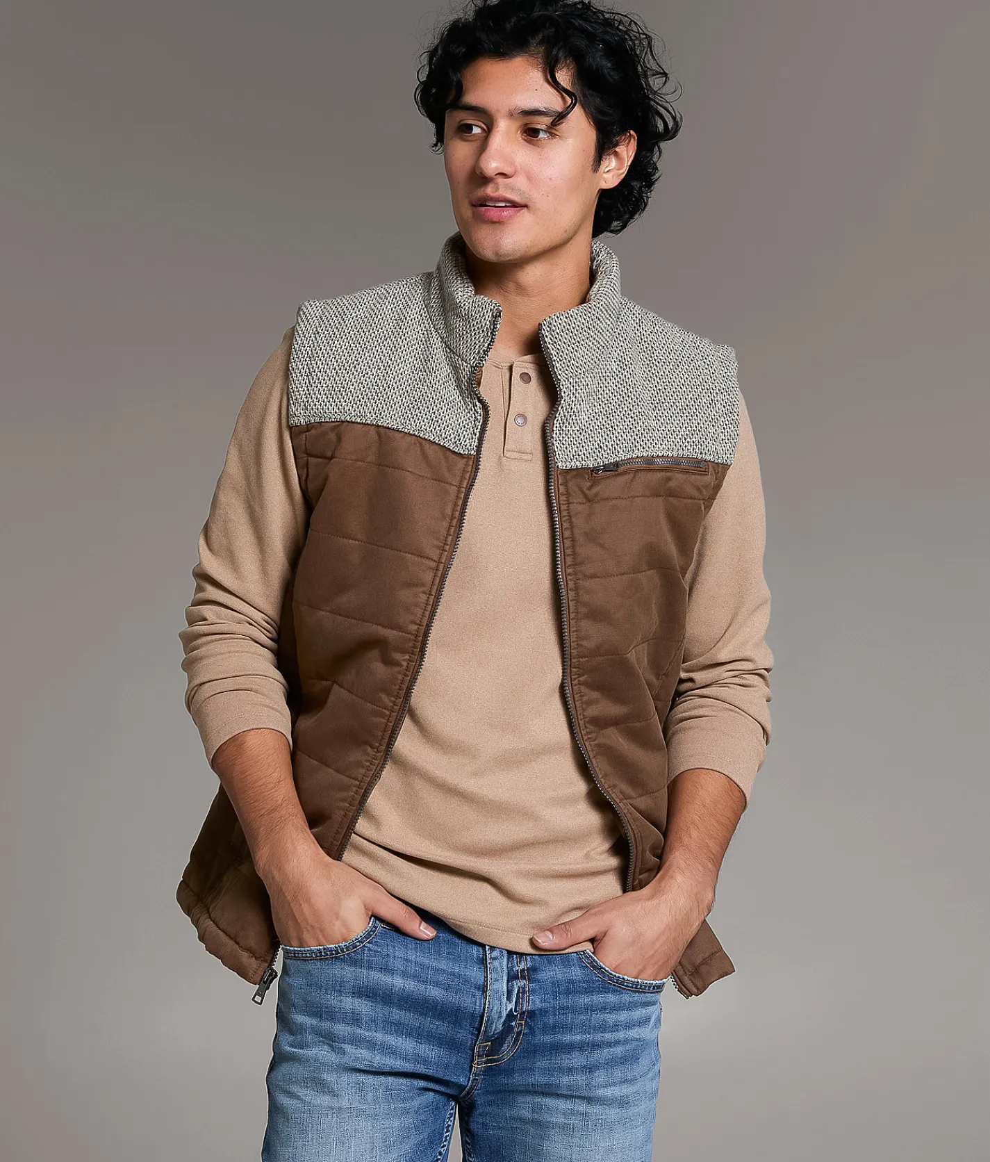 BKE Color Block Quilted Vest Brown Beige Hot