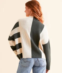 Tops | Blu Pepper Color Block Sweater Hunter Green Cream