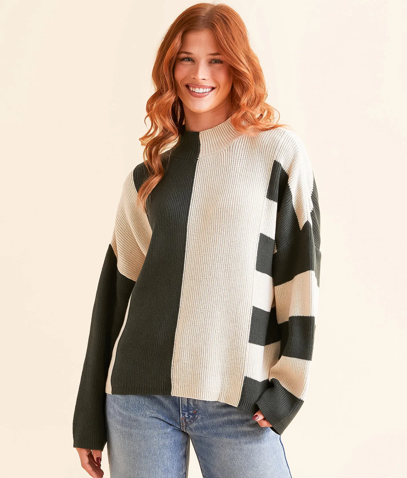 Tops | Blu Pepper Color Block Sweater Hunter Green Cream