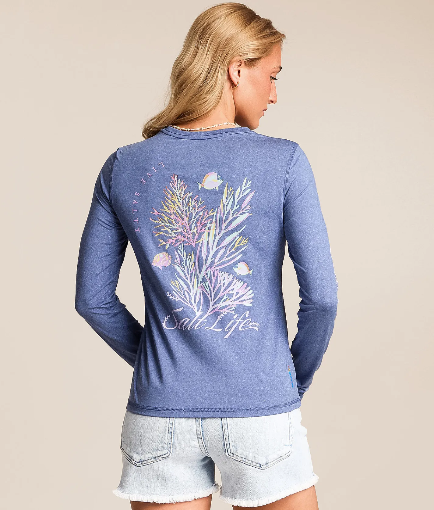 Salt Life Colorful Coral Reef Performance T-Shirt Indigo Heather New