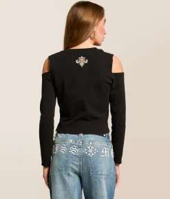 Affliction Constant Pillar Cold Shoulder Top Black Heavy Soft Wash New